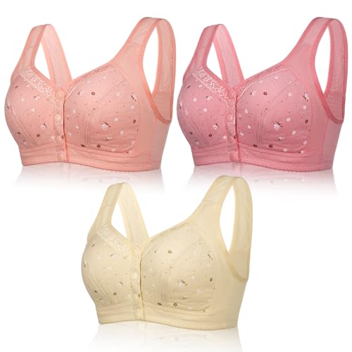 FRIUSATE 3 Pieces Front Fastening Bras, Front Button Wireless Bra Front Snap Bra Non Wired Support Bras Breathable Push Up Bralette Seamless Bras for Women(42 Multi)