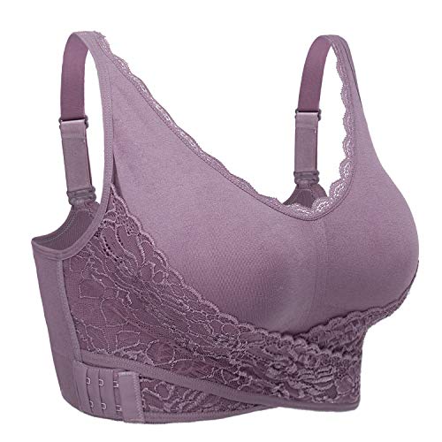 iClosam Womens Sports Bra Front Cross Side Buckle Push Up Bra Sexy V-Neck Lace Bralette Wireless Yoga Running Lounge Bra with Removable Pads M-XXXL Purple