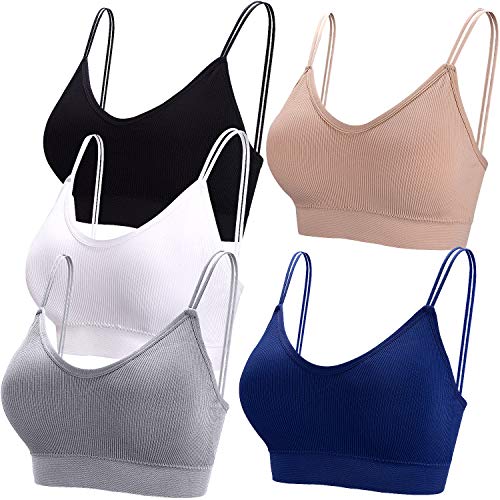 BQTQ 5 Pieces Camisole Bras for Women V Neck Camisole Bralettes Seamless Sleeping Bra with Straps and Removable Pads for Women Girls (Black, White, Grey, Beige, Navy, M)