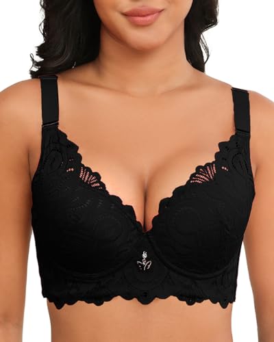 Svmer Push Up Lace Bra for Women Underwire Plus Size Comfortable Brassiere Black 42C