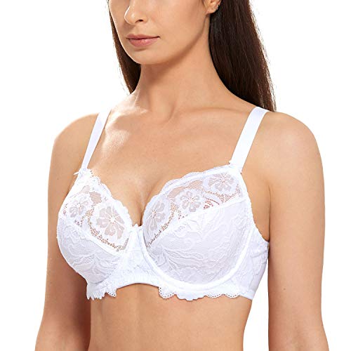 DELIMIRA Women's Full Coverage Non-Foam Floral Lace Plus Size Underwired Bra White 36E