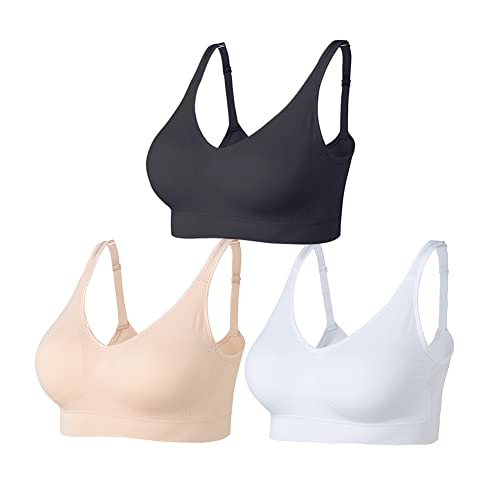 Amazingjoys Non Wired Bras for Women Seamless Wireless Bras with Removable Pads 3 Pack,Black+White+Beige,L (AMS33)