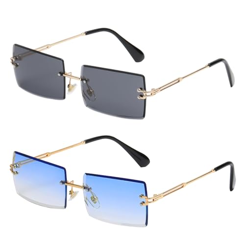 SKHAOVS 2 Pairs Square Rimless Sunglasses, Retro Rectangle Sunglasses for Women Men, Retro Frameless Sunglasses, Fashion Frameless Eyewear Sun Glasses, Fashion Retro Square Glasses (2 Pairs)