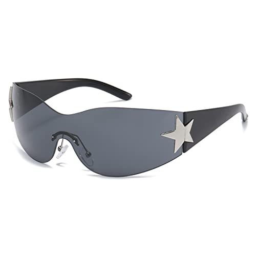 Long Keeper Rimless Wrap Around Sunglasses for Women Men, Trendy Womens Y2K Sunglasses Oversized Shades Cool Star Fashion Sun Glasses UV400