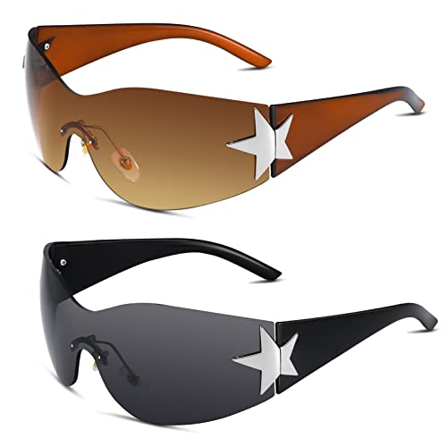 Heyu-Lotus 2 Pieces Rimless Y2K Sunglasses, Retro Shield Wrap Around Sunglasses, Oversized Protection Fashion Frameless Sun Glasses for Women Men(Multi)