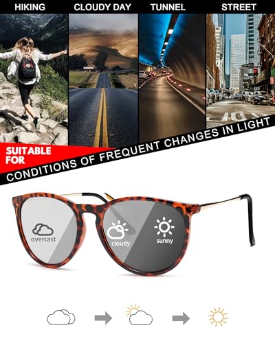 TJUTR Photochromic Polarized Sunglasses Unisex for Driving, Classic Retro Round Eyewear UV Protection (Leopard Frame/Photochromic Lens)