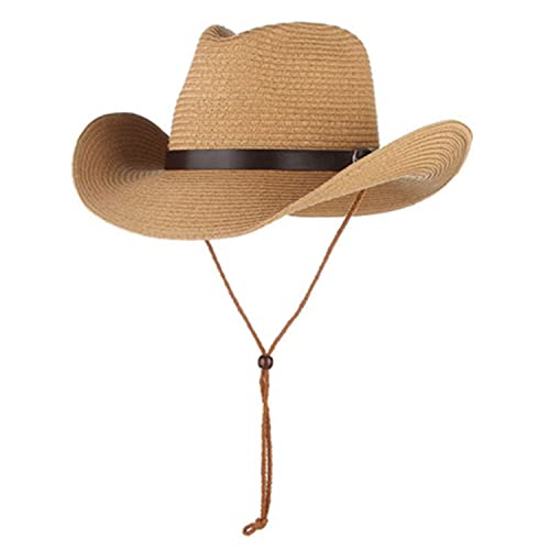 Unisex Straw Sun Hat Panama Hat Summer Fedora Trilby Hat Safari Beach Hat Foldable West Cowboy Hat Sun UV Protection Hat Wide Brim Straw Bucket Hat with Adjustable Chin Strap for Men Women