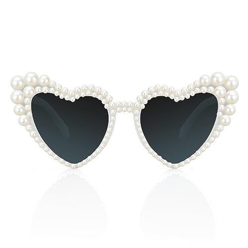 Anroong Sunglasses for Women- Bride Heart Shaped Pearl Sun Glasses Cat Eye for Sunglasses Women Festival Party Girls Eyewear UV400 (White)