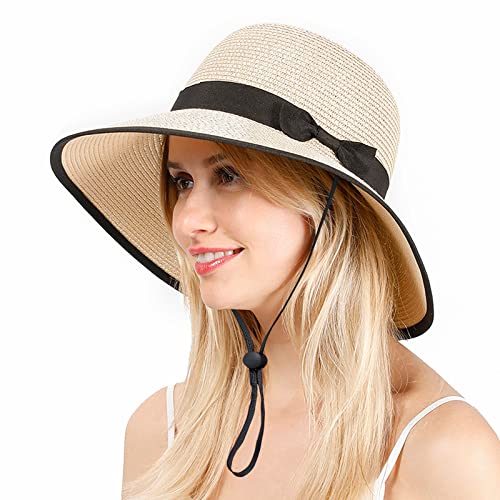 AdWon Sun Hat Women Beach Sun Straw Hat Wide Brim Summer UV Hat Floppy Foldable UPF 50+ Travel Ladies Sun Hats (Beige)