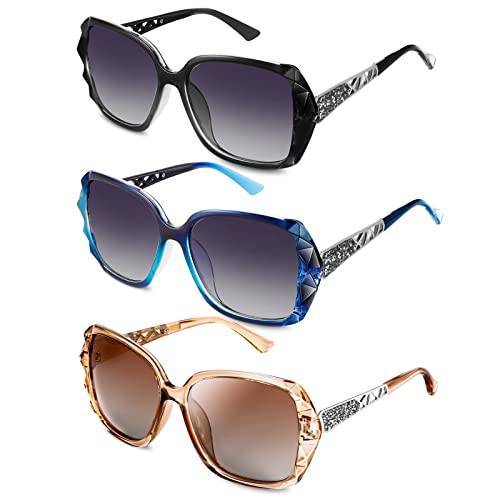 umorismo 3 pieces Women Sunglasses, UV 400 Glasses Oversized Polarized Sunglasses Classic Shiny Frame Ladies Sun Glasses Eyewear