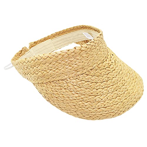 Uooker Sun Visor Hat for Women, Rollable Ladies Sun Hat Wide Brimmed Beach Straw Visors, Foldable Summer Topless Sunhats for Womens Adjustable Ponytail Beach Cap, UPF50+ Sun Protection Classic Kakhi