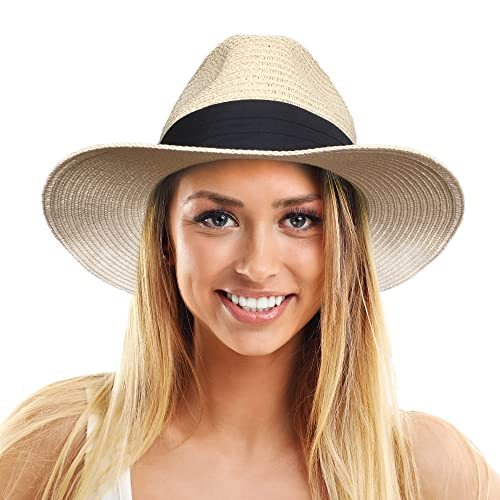 TOSKATOK Ladies Men's Classic Straw Panama Fedora Beach Sun Hat UPF 50+ Adjustable Sizing Wide Brim Cream