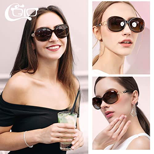 CGID Sunglasses Womens Ladies Polarised Retro Designer Sun Glasses Brown Big Frame Oversized Shades UV Protection Goggles Rhinestones Brown Gradient Lens