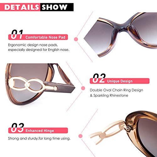 CGID Sunglasses Womens Ladies Polarised Retro Designer Sun Glasses Brown Big Frame Oversized Shades UV Protection Goggles Rhinestones Brown Gradient Lens