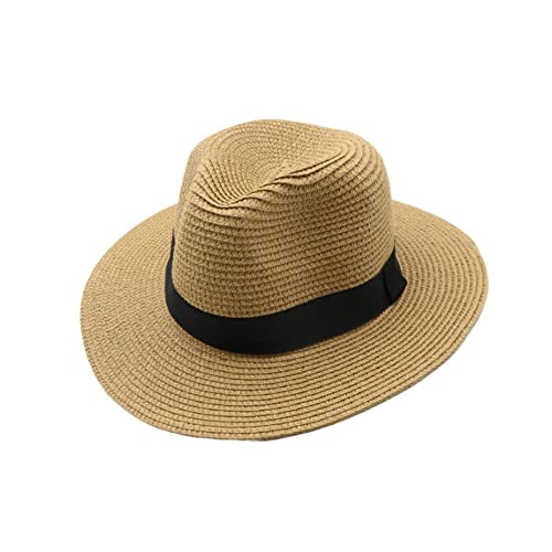 NA Panama Hat, Summer Straw Hat, Beach Sun Hat, Curly Straw Fedora, Unisex Outdoor Sun Protection Hat, Khaki, M