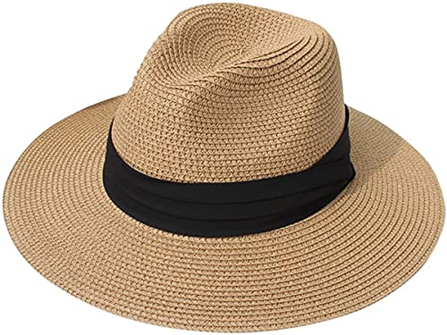 Women Wide Brim Straw Panama Roll up Hat Fedora Beach Sun Hat UPF50+