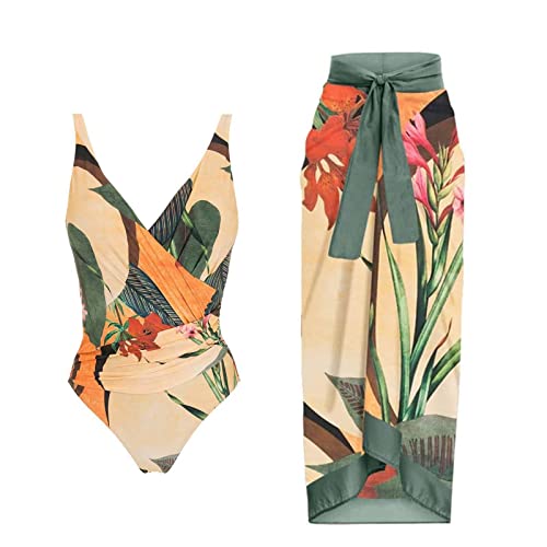 Swimsuit Top Longer Women 1 Piece Swimwear+1 Piece Cover UP Two Piece Vintage Print Monokini Bikini Tankini Set Long Torso Swimsuits Plus Size (Beige, XL)