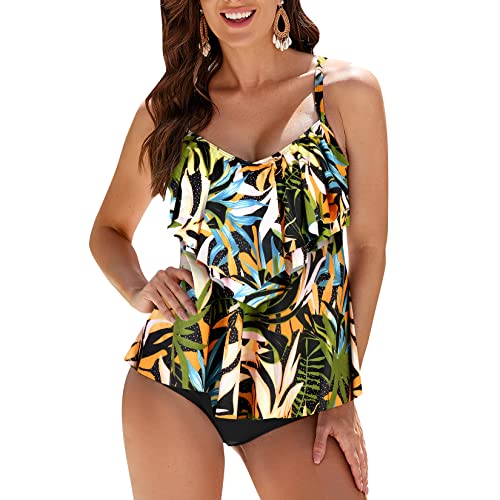WIN.MAX Women's Tankini Sets Ruffled Flounce 2 Pieces Swimwear with High Waist Bottom Plus Size Swimsuit （Tropical Leaves，UK16）