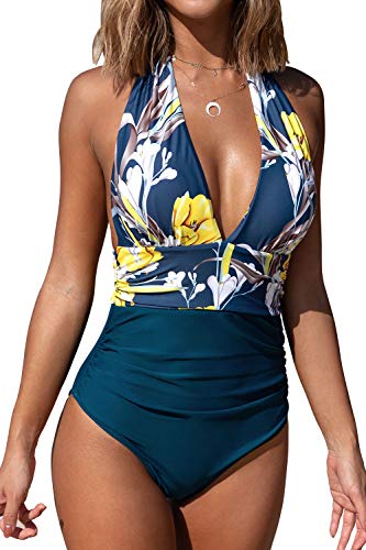 CUPSHE Women's One Piece Swimsuit Halter Tummy Control Beach Swimwear Bathing Suit Swimming Costume Yellow Floral S