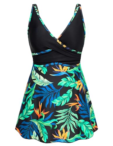 Women Swimming Costume Tropical Printed 2 Piece Tankini Bathing Suit with Shorts for Holiday L