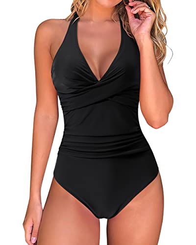 DOULAFASS Swimming Costume Women Tummy Control Push Up Swimsuit Halter V Neck Padded One Piece