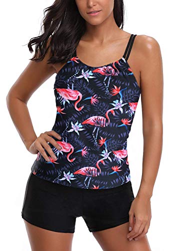 AYEEBOOY Women's Plus Size Floral Halter Tankini Set with Boyshort High Waist Swimsuit Bikini(7flamingop,L)