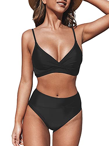 CUPSHE Women's Twist Front High Waisted Bikini Set V Neck Padded Two Pieces Bathing Suits Swimsuits Black XL