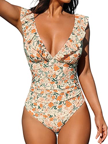 CUPSHE Women's One Piece Swimsuit Ruffled Lace Up Beach Swimwear Tummy Control Bathing Suit Swimming Costume Multicolor L