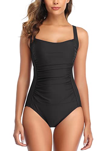 Swimming Costume Women Tummy Control One Piece Swimsuits Retro Ruched Monokini Swimwear Bathing Suit Bikini Plus Size YA#Black,M