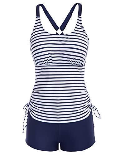 Women's Athletic Two Piece Tummy Control Swimwear Backless Drawstring Swimsuit with Boyshort Bathing Suit Stripe Navy M