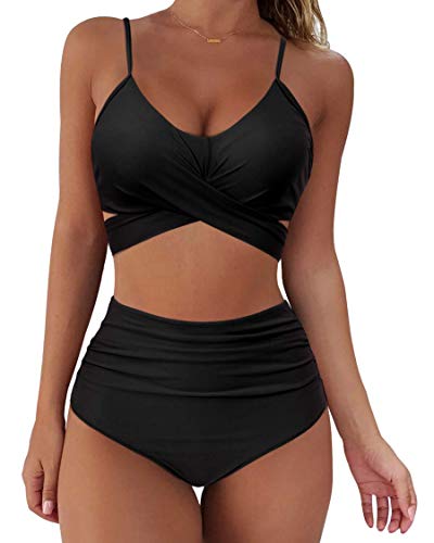 RXRXCOCO Women Wrap Bikini Set Push Up High Waisted 2 Piece Swimsuits Plus Size Swimwear Black