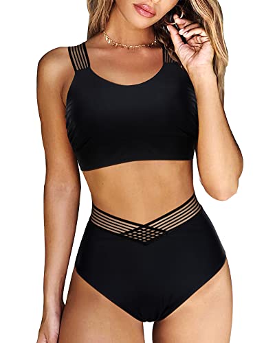 DOULAFASS Women Racer Back Bikini Top with V Cross High Waisted Bottom Mesh Swimsuit Two Pieces Swimwear Black