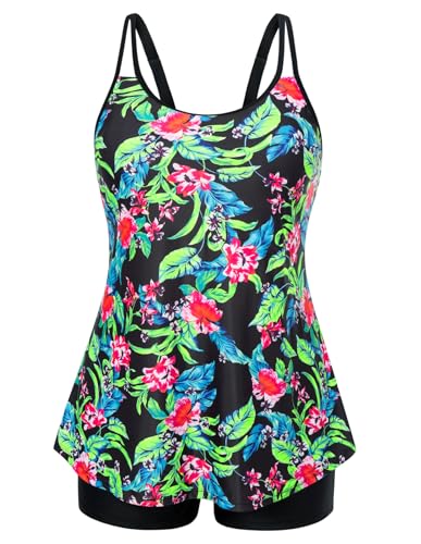 Hanna Nikole Female Tankini Set Plus Size Beachwear U Neck Swimwear Two Piece Green Flower 20
