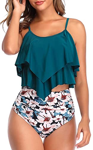 Genfien Swimsuit for Women Two Piece Bathing Suits Ruffled Flounce Top with High Waisted Bottom Bikini Set Green