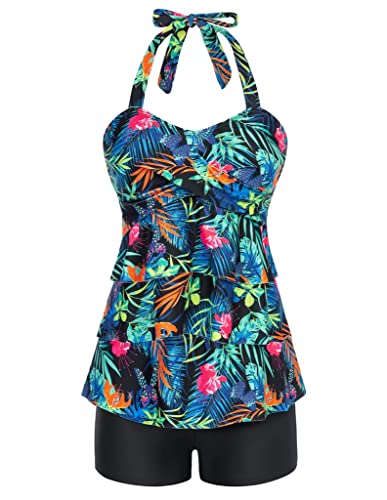 Swimming Costume Women Floral Two Piece Tankini Swimsuit Halter Ruffled Monokini Beachwear Green Floral M