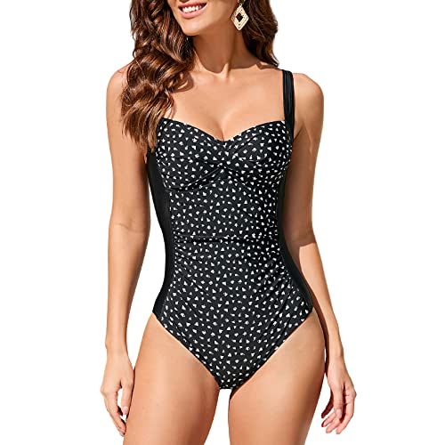 WIN.MAX One Piece Swimming Costume Tummy Control Swimsuit Ruched Padded Swimwear, Plus Size Bathing Suits for Women Vintage Push Up Monokinis for C to DD Cup(BD,UK14)