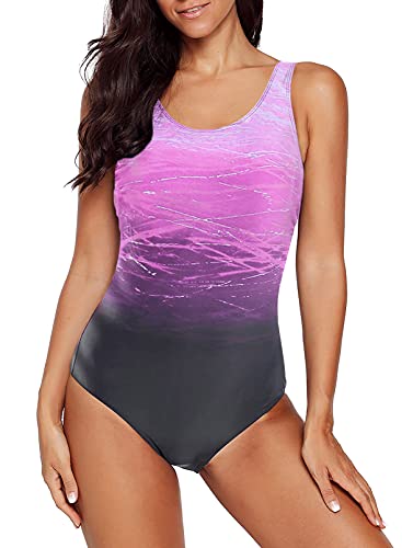 Aleumdr Ladies Sleeveless Gradient Colorblock Print Soft Cup Padded Plus Size Swimming Suits One Piece Swimwear for Women Purple Large