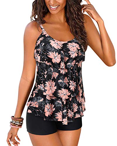 DOULAFASS Women Ruffle Tankini Set with Boyshort 2 Piece Plus Size Swimsuit Swimwear Pink Black