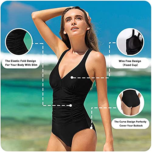 FLYRONG Swimming Consume for Women V Neck One Piece Tummy Control Swimsuits for Women Swimwear, M (UK12-14), Black