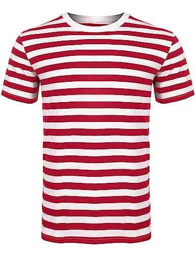 Style Lockers® Men Women's Striped T-Shirt - Unisex Crew Neck Short Sleeve Stripes T-Shirt Casual Summer Top (Red White, XX-Large)