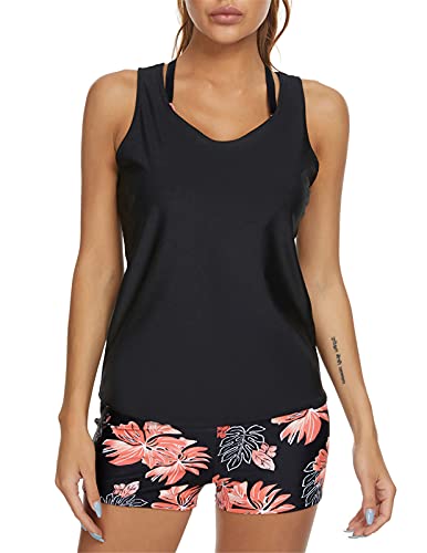 JASAMBAC Bathing Suits for Women Tummy Control Retro Leaf Floral Printed Sport Athletic Swimsuits Black M