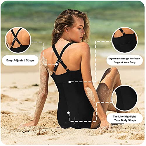 FLYRONG Swimming Consume for Women V Neck One Piece Tummy Control Swimsuits for Women Swimwear, M (UK12-14), Black