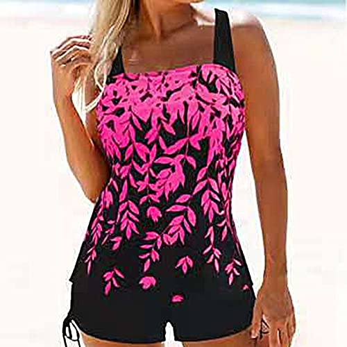 Women's Swimming Two Piece Tankini Sets Push up Tummy Control High Waisted Swimsuits 2 Piece Swimwear Bathing Suit Beach Wear Tankini Top with Shorts for Ladies (bobo Bikini Rose Red, M)