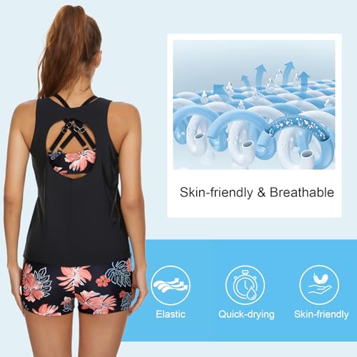 JASAMBAC Bathing Suits for Women Tummy Control Retro Leaf Floral Printed Sport Athletic Swimsuits Black M