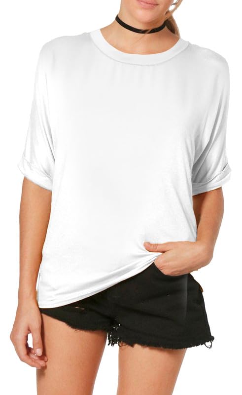 Womens Ladies Oversized Fit Banded Round Neck T Shirt Top Baggy Turn Up Sleeve Loose Plus Size Batwing Slouch Longline (UK 20-22 XXL (Plus Size), White)