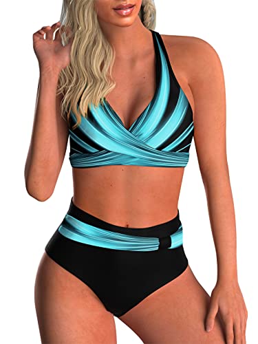 Adigaber Women's Two Piece Swimsuits Criss Cross Top Bikini High Waisted Bottom Tummy Control Bathing Suits Vintage Print Swimwear