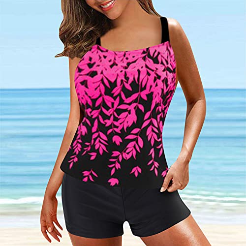 Women's Swimming Two Piece Tankini Sets Push up Tummy Control High Waisted Swimsuits 2 Piece Swimwear Bathing Suit Beach Wear Tankini Top with Shorts for Ladies (bobo Bikini Rose Red, M)