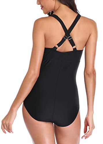 Ruched Tummy Control One Piece Swimsuit Swimwear Retro Vintage Bikini Bathing Suit Swimming Costume for Women, Black-oz, L(UK 12)