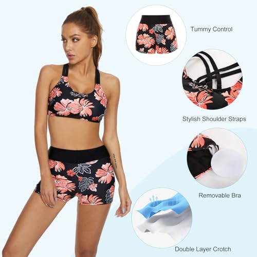 JASAMBAC Bathing Suits for Women Tummy Control Retro Leaf Floral Printed Sport Athletic Swimsuits Black M
