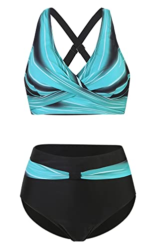 Adigaber Women's Two Piece Swimsuits Criss Cross Top Bikini High Waisted Bottom Tummy Control Bathing Suits Vintage Print Swimwear